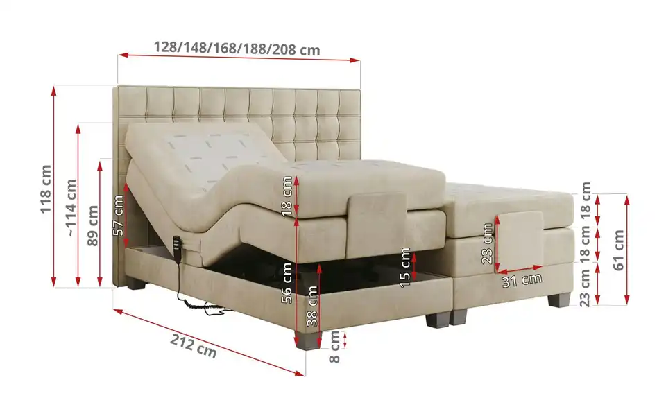 Motor Boxspringbett Elektro mit Bettkasten, Bemaßung