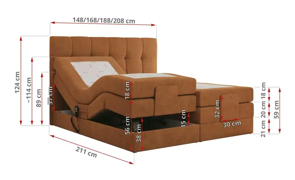 Motor Boxspringbett Vittoria mit Bettkasten, Bemaßung