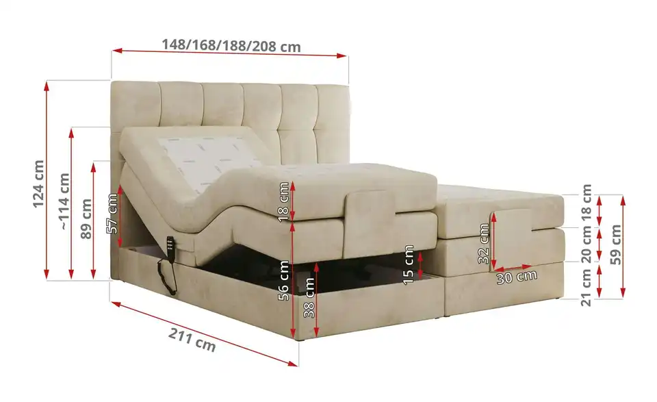 Motor Boxspringbett Vittoria mit Bettkasten, Bemaßung