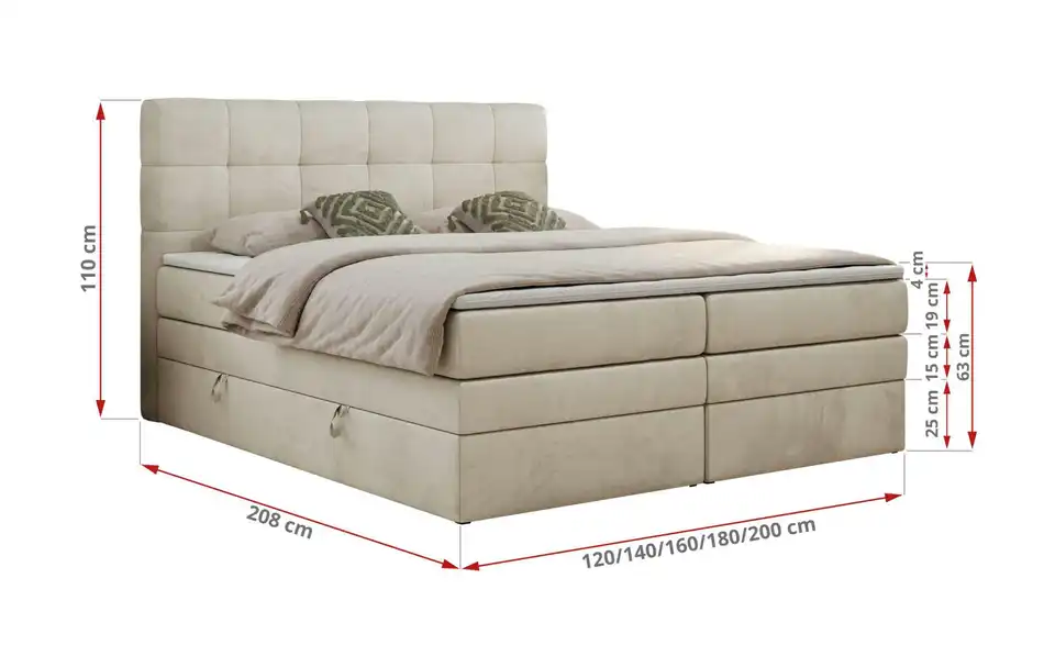 Boxspringbett Luka King mit Bettkasten, Bemaßung