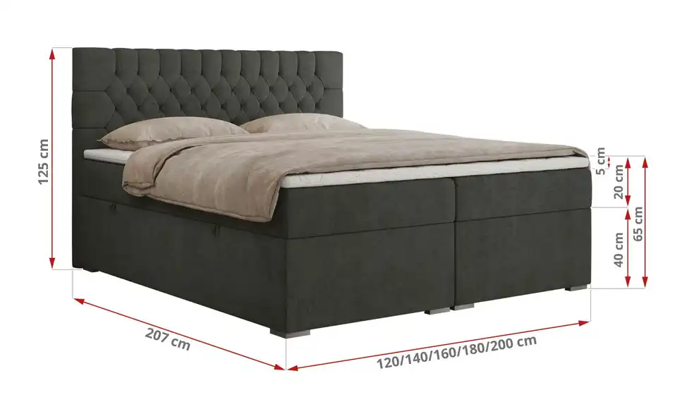 Boxbett Pera mit Bettkasten, Bemaßung