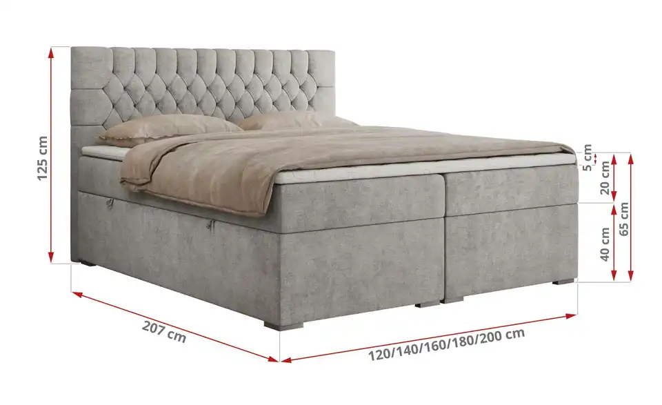 Boxbett Pera mit Bettkasten, Bemaßung