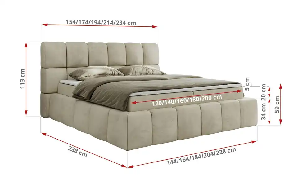 Boxbett Nira mit Bettkasten, Bemaßung