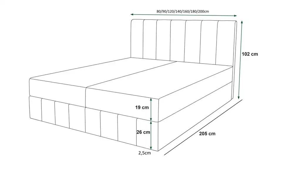 Boxbett Bahama mit Stauraum, Bemaßung