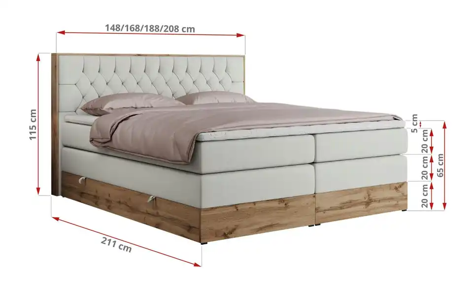 Boxspringbett Amore King mit Bettkasten, Bemaßung