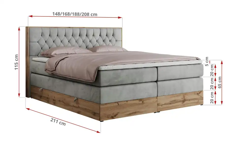 Boxspringbett Amore King mit Bettkasten, Bemaßung