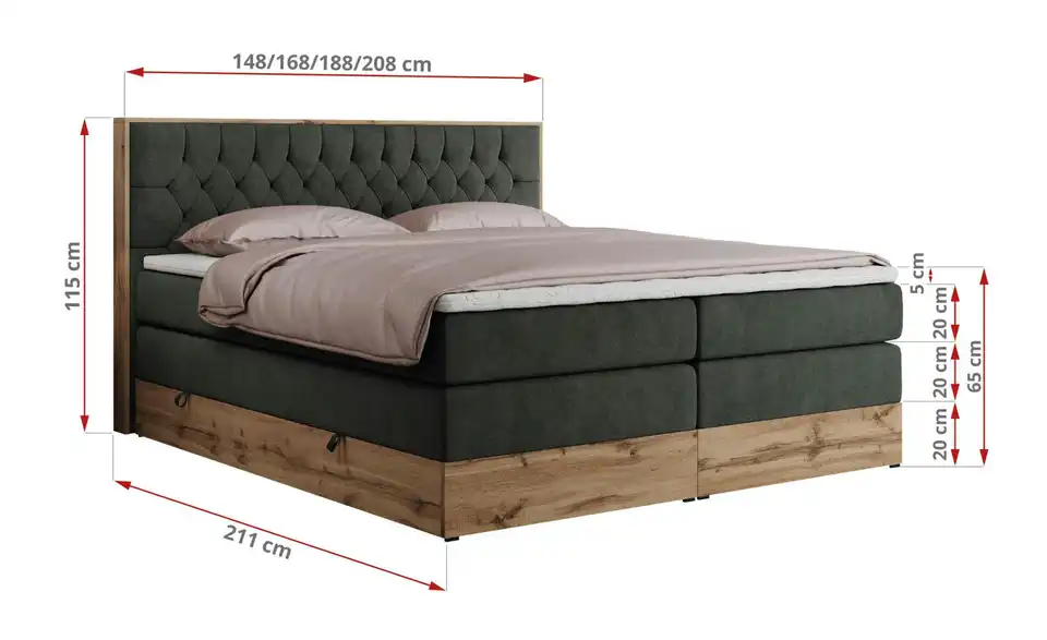 Boxspringbett Amore King mit Bettkasten, Bemaßung