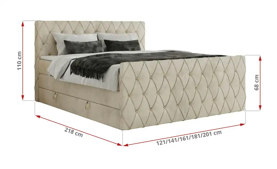 Boxspringbett Miren King Duo mit Bettkasten, Bemaßung