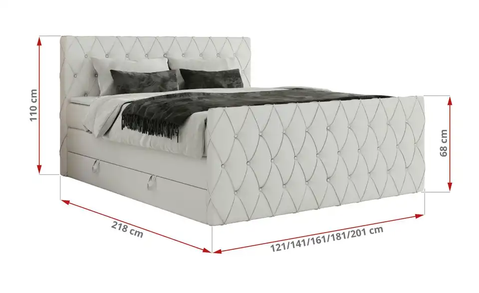 Boxspringbett Miren King Duo mit Bettkasten, Bemaßung