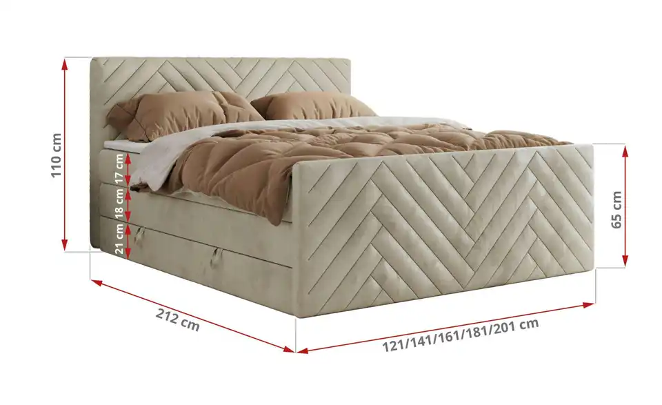 Boxspringbett Paris King Duo mit Bettkasten, Bemaßung