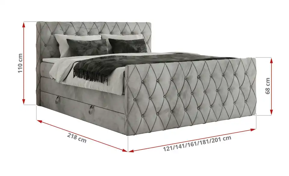 Boxspringbett Miren King Duo mit Bettkasten, Bemaßung