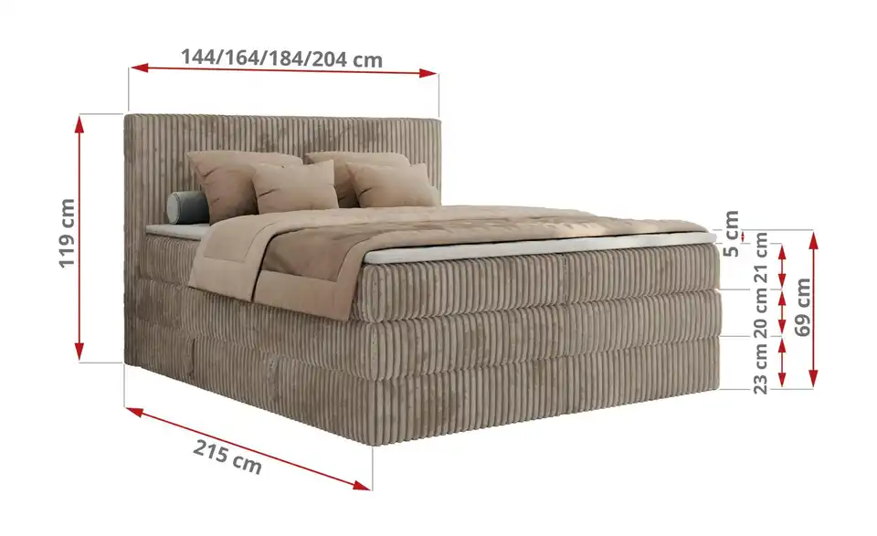 Boxspringbett Tiliano King mit Bettkasten, Bemaßung