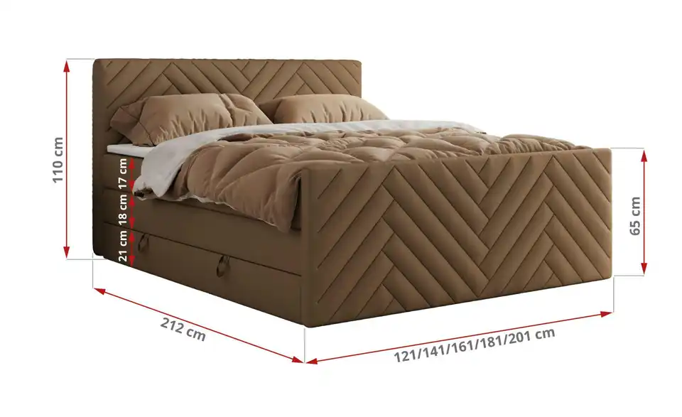 Boxspringbett Paris King Duo mit Bettkasten, Bemaßung