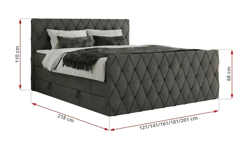 Boxspringbett Miren King Duo mit Bettkasten, Bemaßung