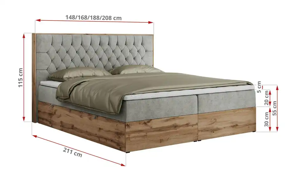 Boxbett Amore mit Bettkasten, Bemaßung