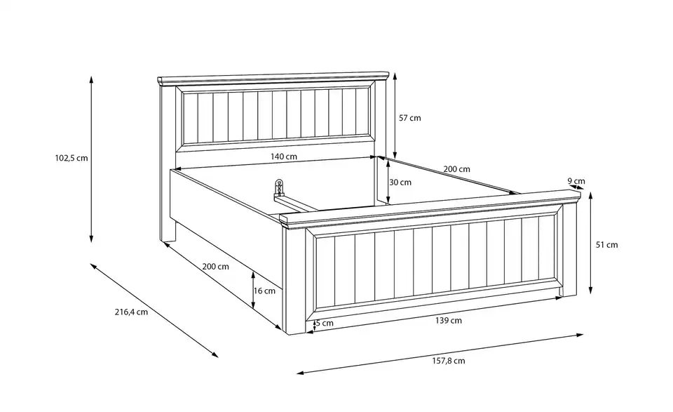 Bettgestell Countryside 140x200, Bemaßung