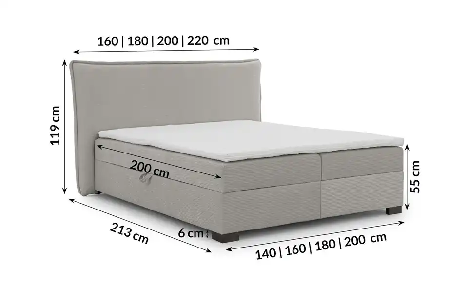 Boxspringbett, Bemaßung