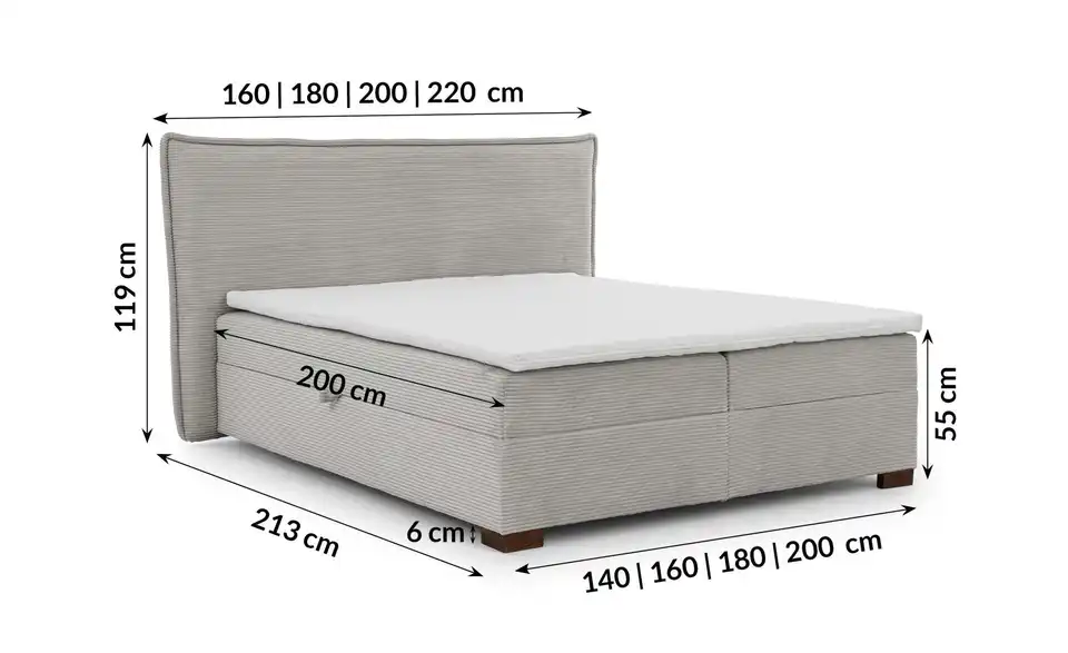 Boxspringbett, Bemaßung