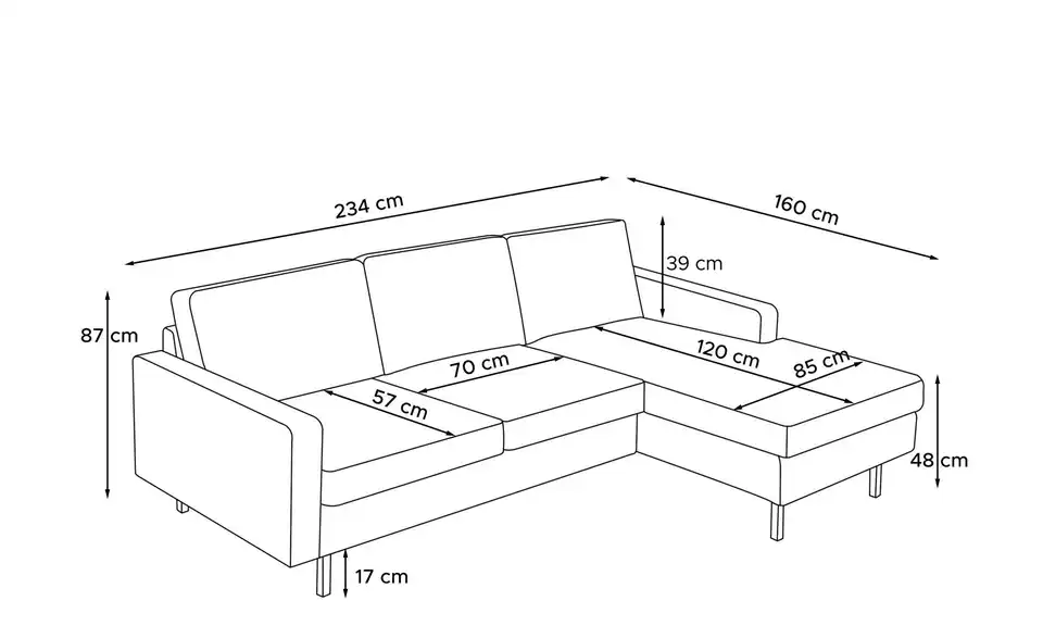 KONSIMO Ecksofa Invia, Bemaßung