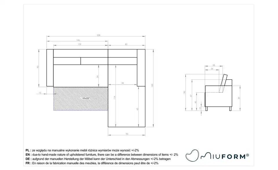 Miuform Ecksofa Charming Charlie mit Schlaffunktion, Bemaßung