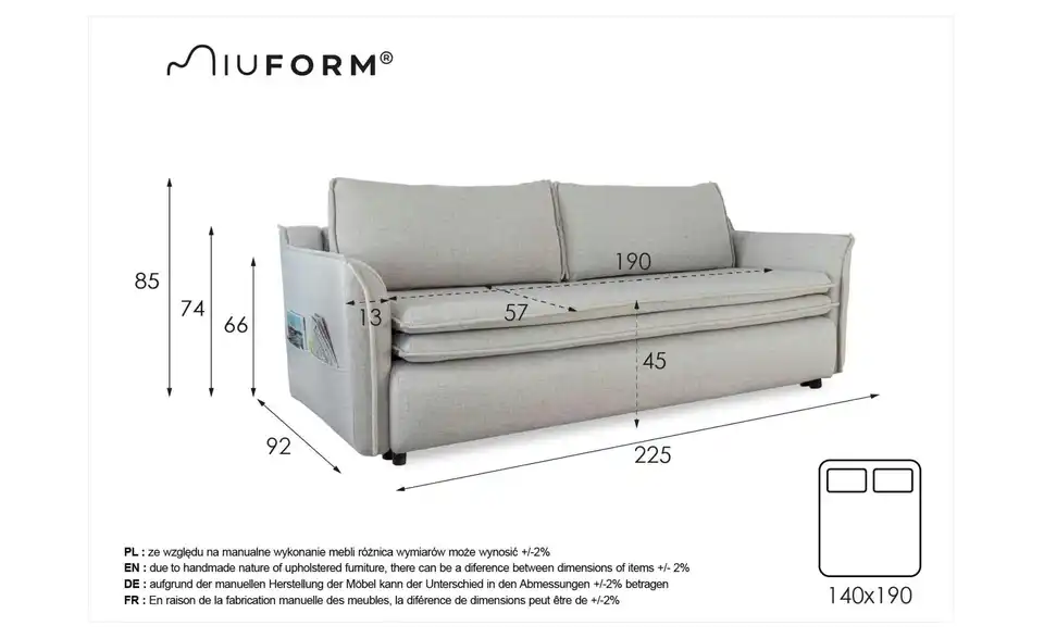 Miuform Einzelsofa Charming Charlie mit Schlaffunktion, Bemaßung