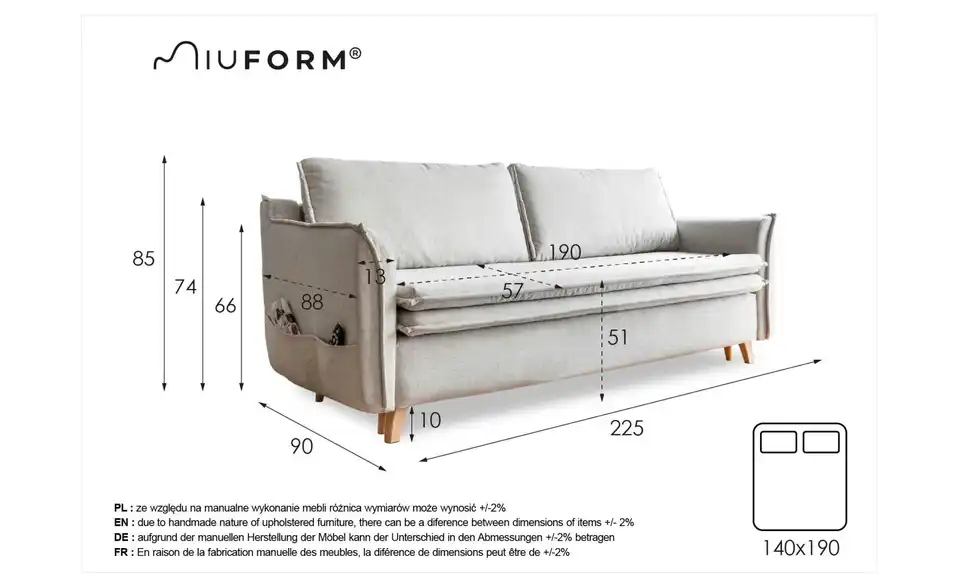 Miuform Einzelsofa Charming Charlie mit Schlaffunktion, Bemaßung
