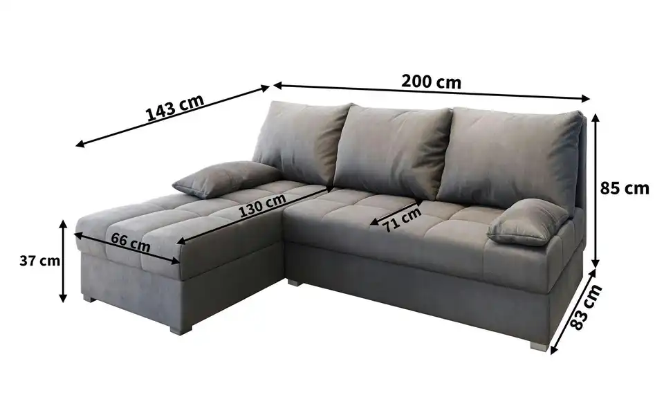 MASSENO Ecksofa Rita mit Schlaffunktion, Bemaßung