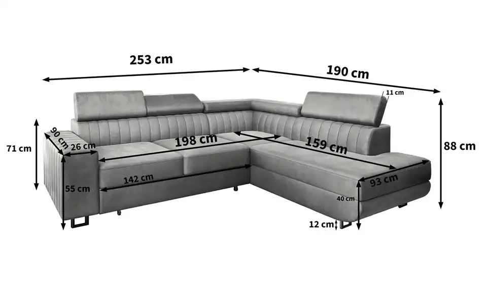 MASSENO Ecksofa Nola mit Schlaffunktion, Bemaßung