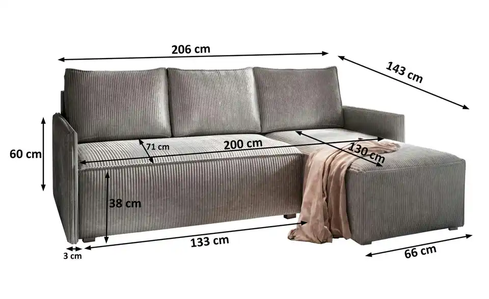 MASSENO Ecksofa Perusi mit Schlaffunktion, Bemaßung