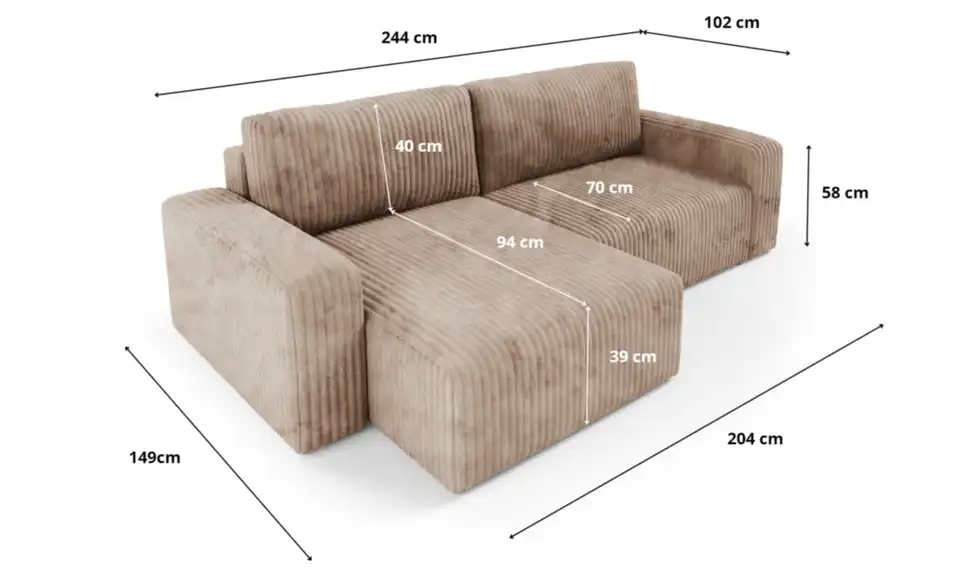 Ecksofa Fano mit Schlaffunktion, Bemaßung