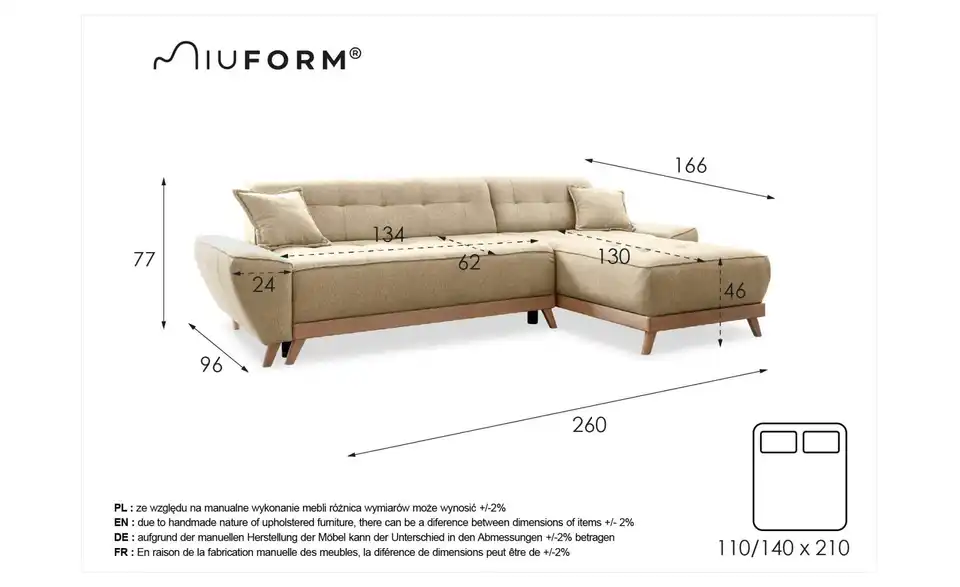 Miuform Ecksofa Dazzling Daisy mit Schlaffunktion, Bemaßung