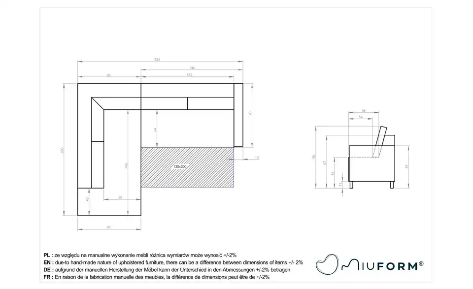 Miuform Ecksofa Charming Charlie mit Schlaffunktion, Bemaßung