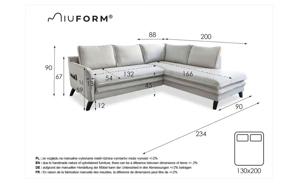 Miuform Ecksofa Charming Charlie mit Schlaffunktion, Bemaßung