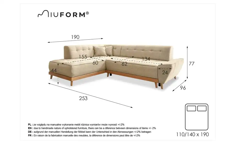 Miuform Ecksofa Dazzling Daisy mit Schlaffunktion, Bemaßung