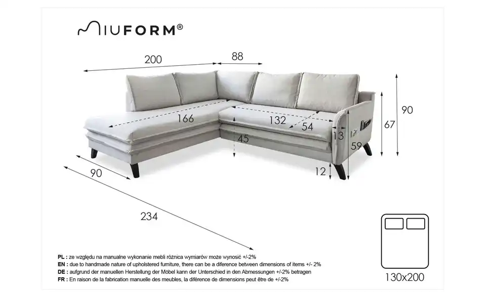 Miuform Ecksofa Charming Charlie mit Schlaffunktion, Bemaßung