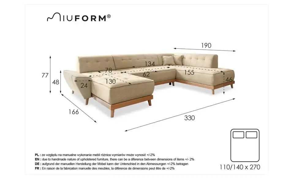 Miuform Wohnlandschaft Dazzling Daisy mit Schlaffunktion, Bemaßung