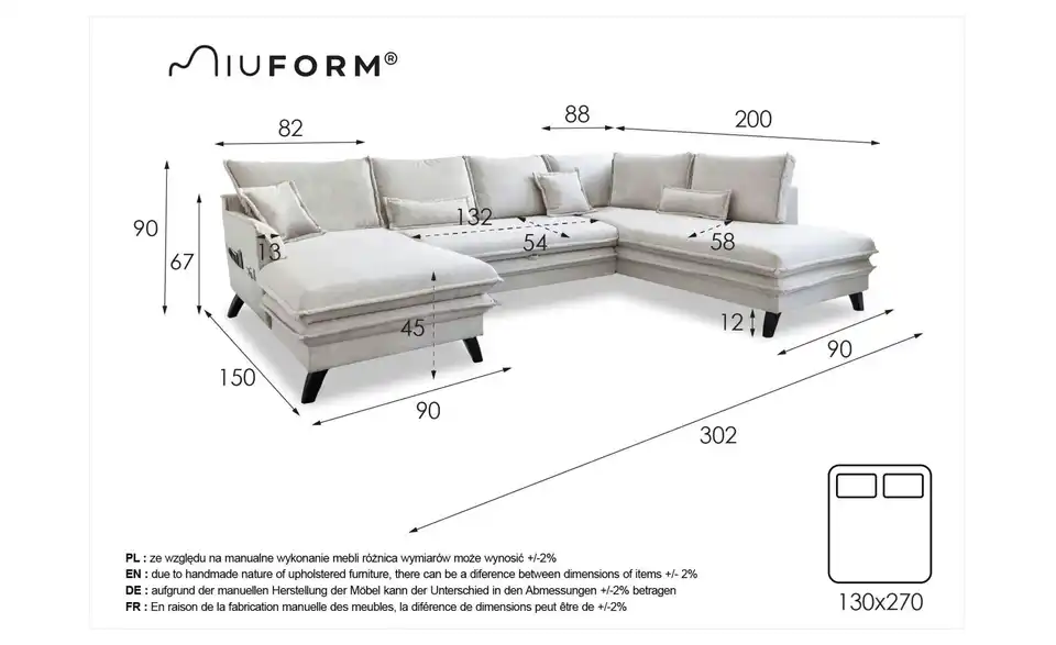 Miuform Wohnlandschaft Charming Charlie mit Schlaffunktion, Bemaßung