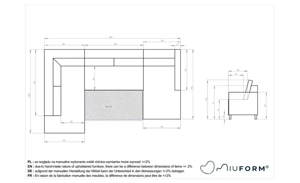 Miuform Wohnlandschaft Charming Charlie mit Schlaffunktion, Bemaßung