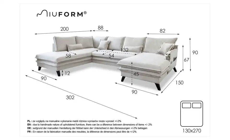 Miuform Wohnlandschaft Charming Charlie mit Schlaffunktion, Bemaßung
