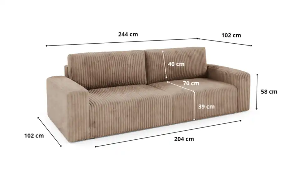 Einzelsofa Fano mit Schlaffunktion, Bemaßung