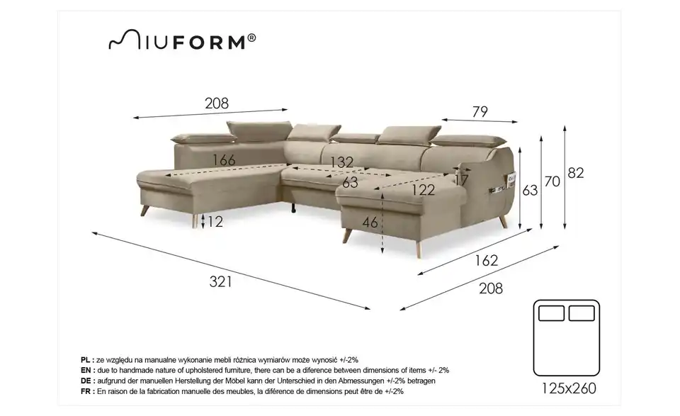 Miuform Wohnlandschaft Sweet Harmony mit Schlaffunktion, Bemaßung