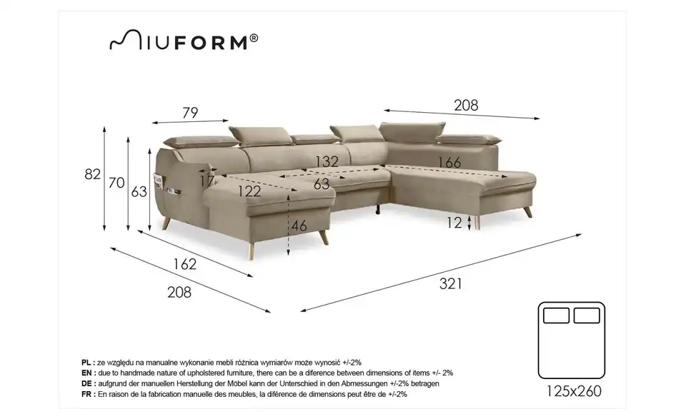 Miuform Wohnlandschaft Sweet Harmony mit Schlaffunktion, Bemaßung