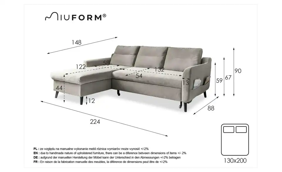 Miuform Ecksofa Stylish Stan mit Schlaffunktion, Bemaßung