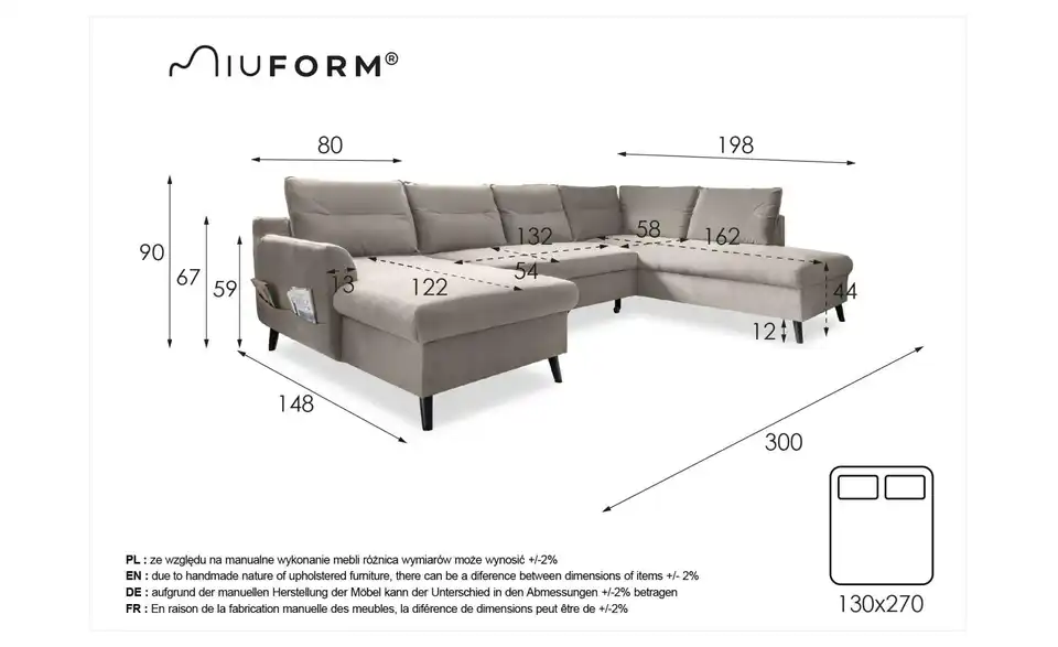 Miuform Wohnlandschaft Stylish Stan mit Schlaffunktion, Bemaßung