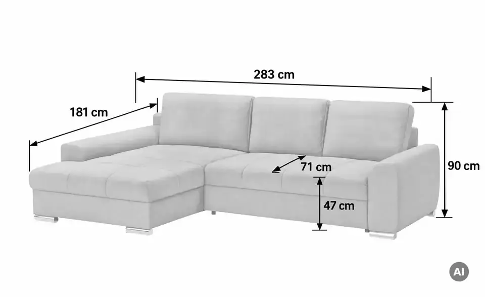 bobb Ecksofa Soumia mit Schlaffunktion, Bemaßung