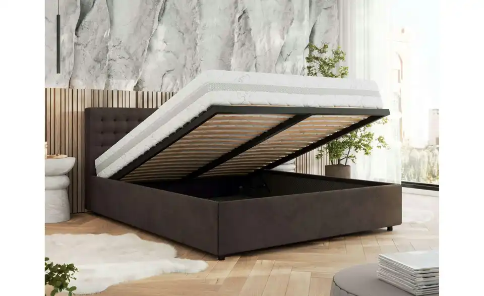 Polsterbett 200x200 Braun Pavo Classic mit Bettkasten, in Wohnsituation