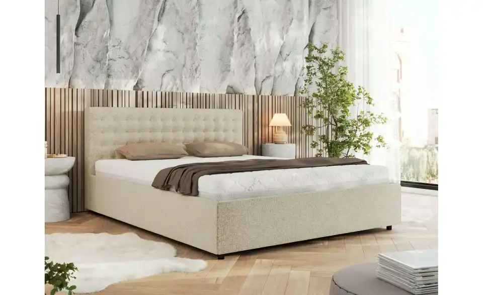 Polsterbett 140x200 Creme Pavo Classic mit Bettkasten, in Wohnsituation