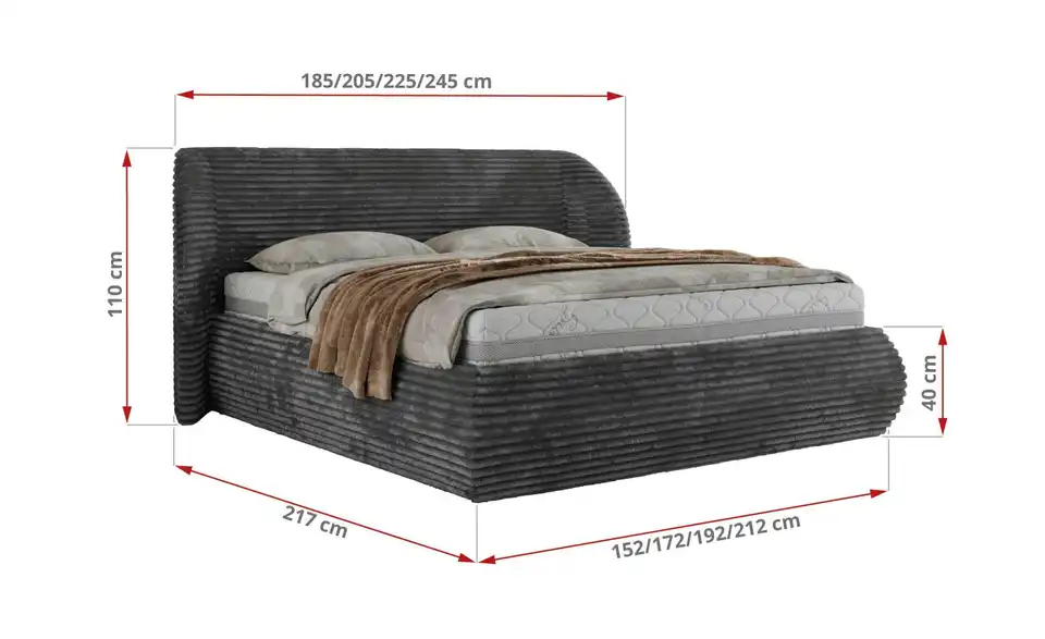 Polsterbett Caela Classic mit Bettkasten, Bemaßung
