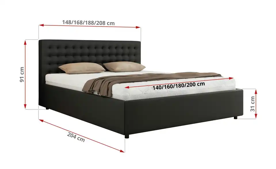Polsterbett 140x200 Schwarz Pavo Classic mit Bettkasten, Bemaßung