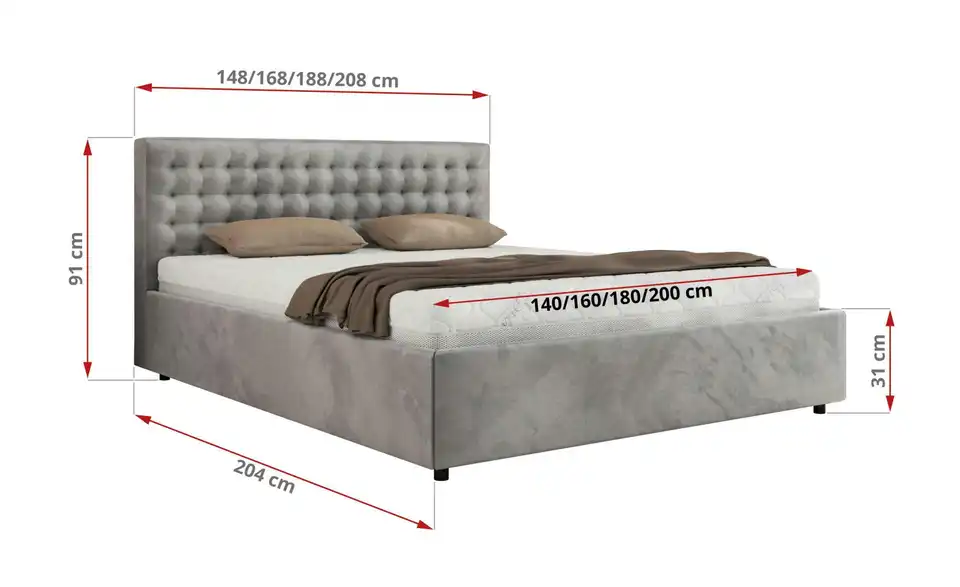 Polsterbett 200x200 Hellgrau Pavo Classic mit Bettkasten, Bemaßung